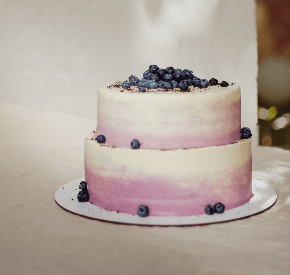 Dvospratna ombre torta u nijansama ljubičaste, od tamnije pri dnu do bele pri vrhu, ukrašena borovnicama